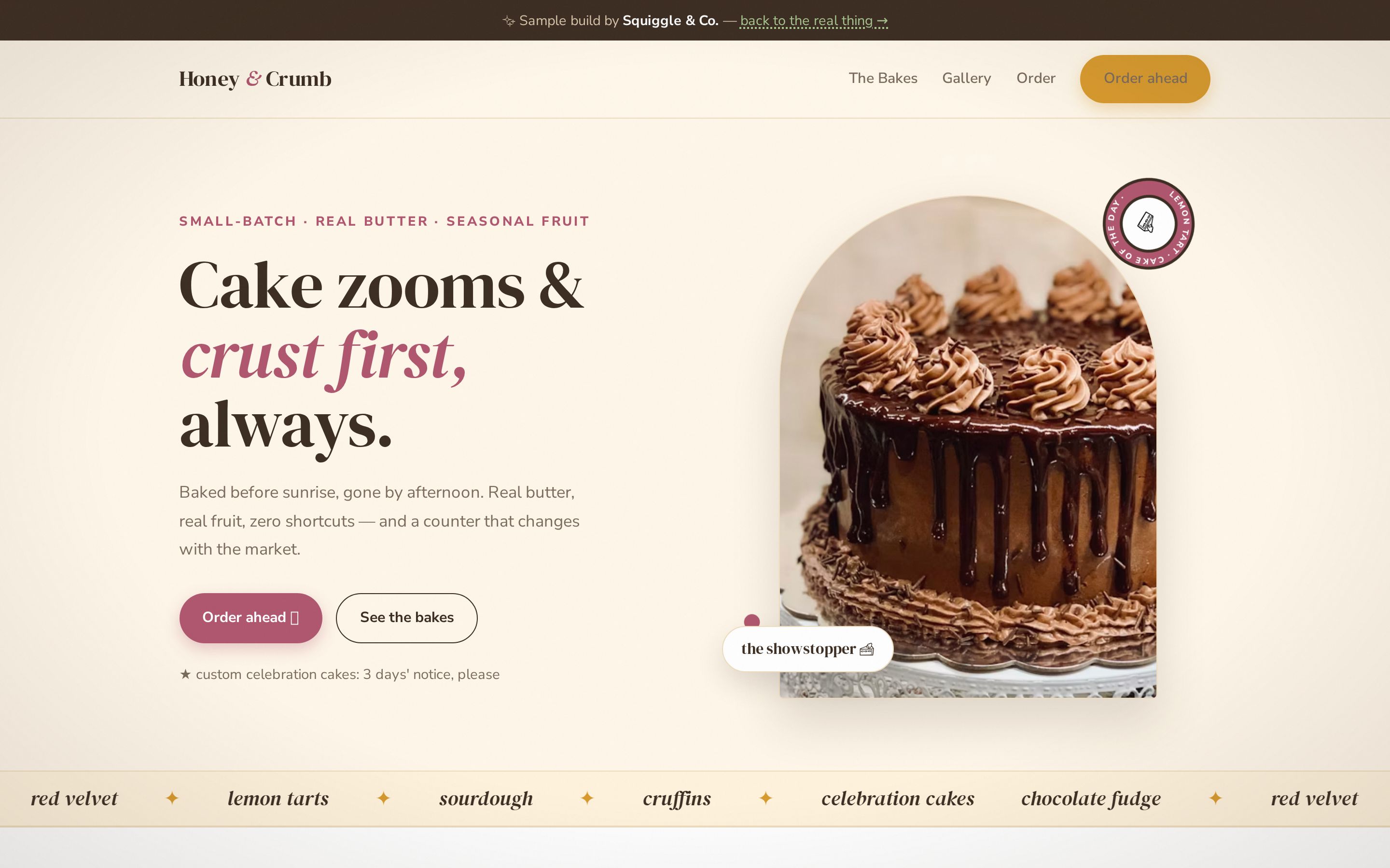 Honey and Crumb artisanal bakery site — warm artisanal design and interactive pickup calendar