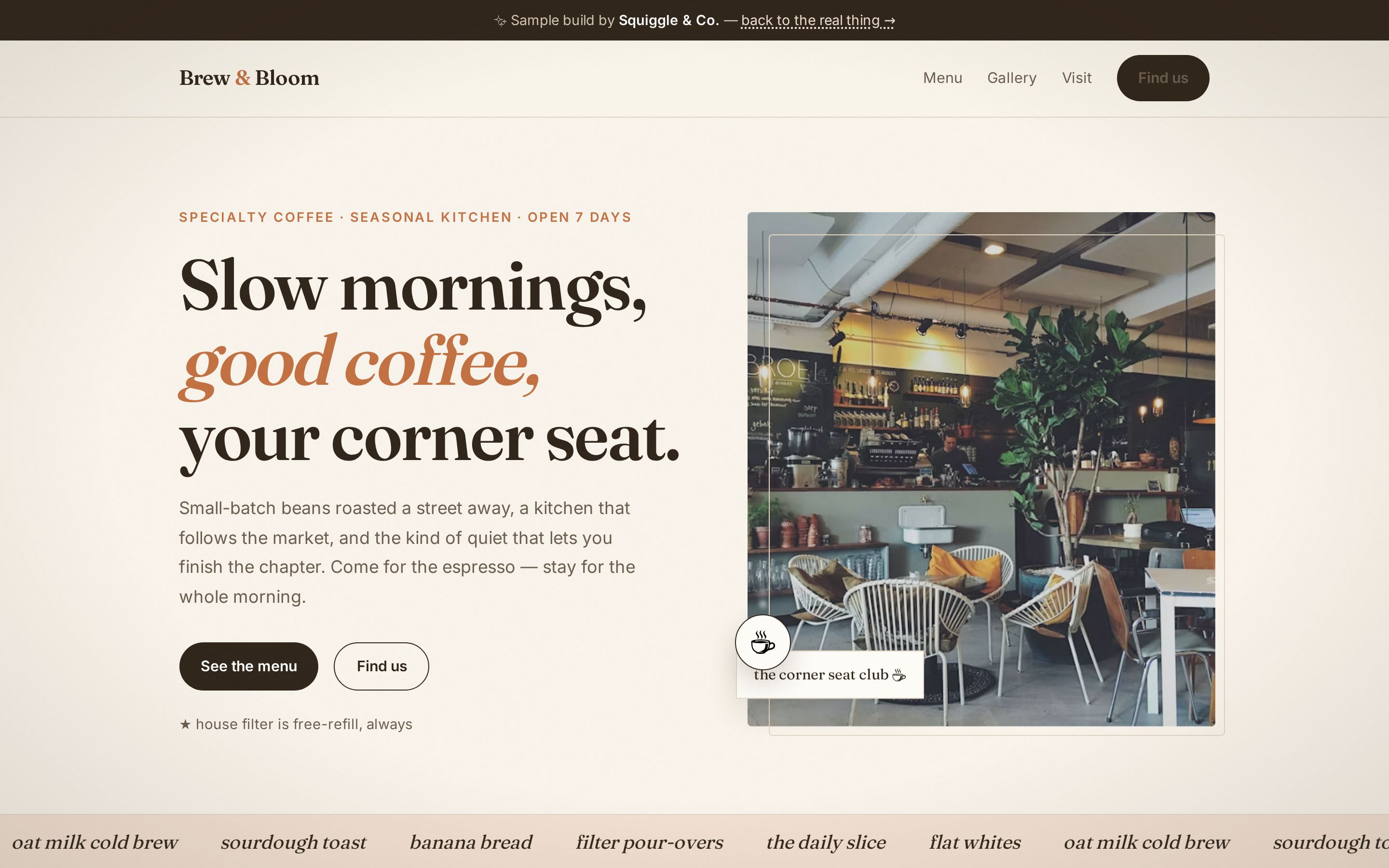 Brew and Bloom café site — warm editorial coffee shop hero and menu