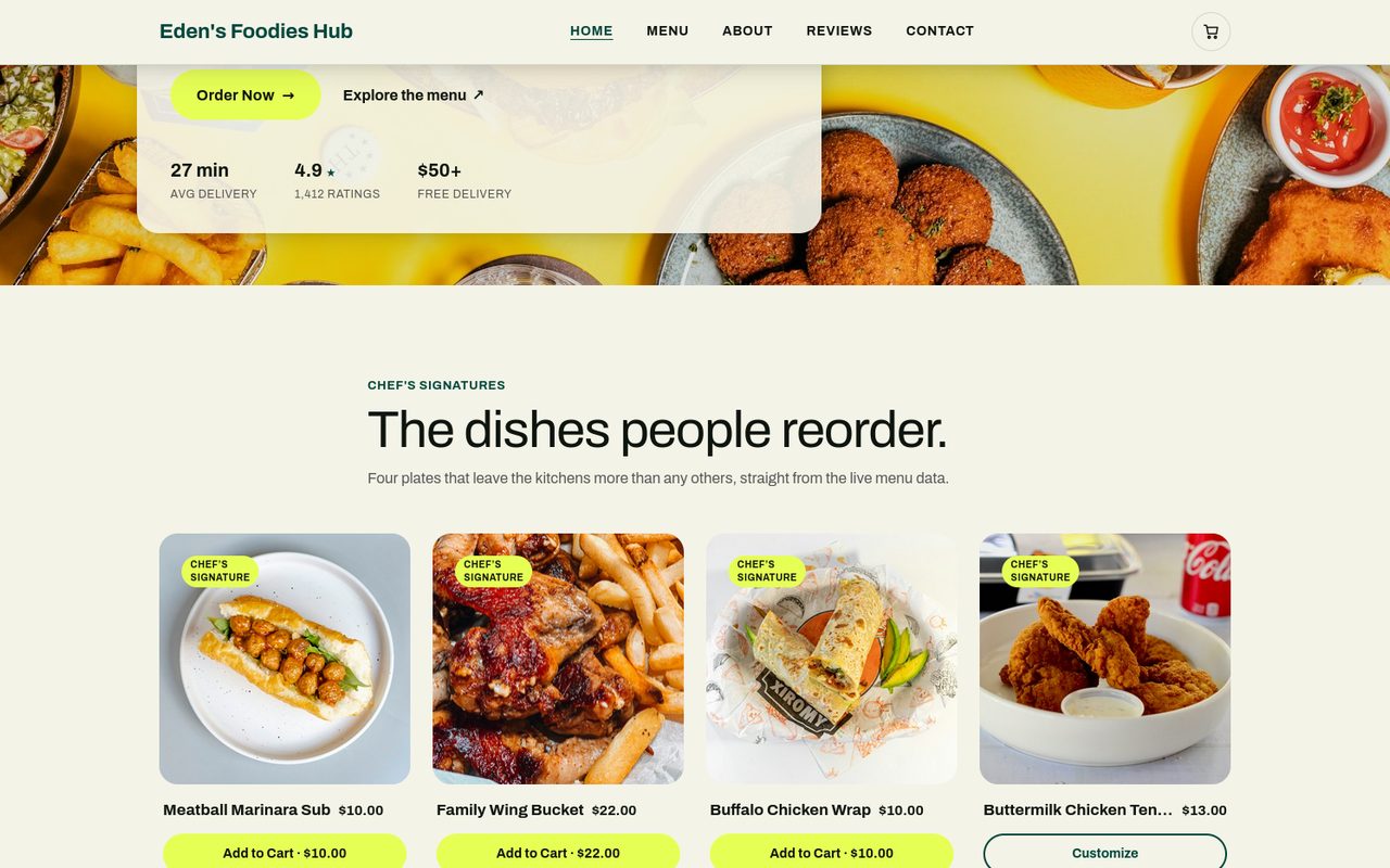 Eden's Foodies Hub restaurant website — order buttons, delivery stats and signature dishes