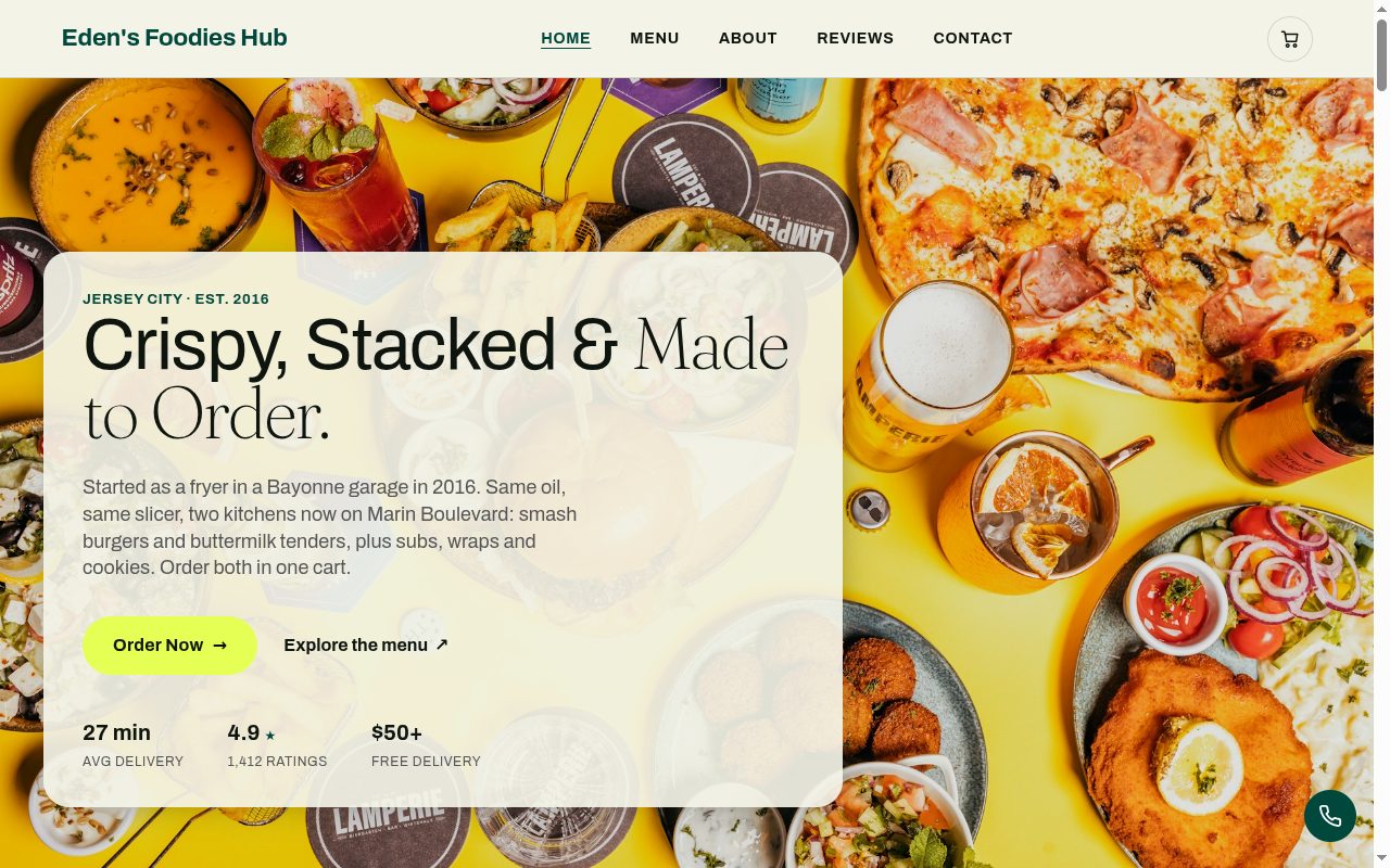 Eden's Foodies Hub restaurant site — hero with food spread, order buttons and delivery stats