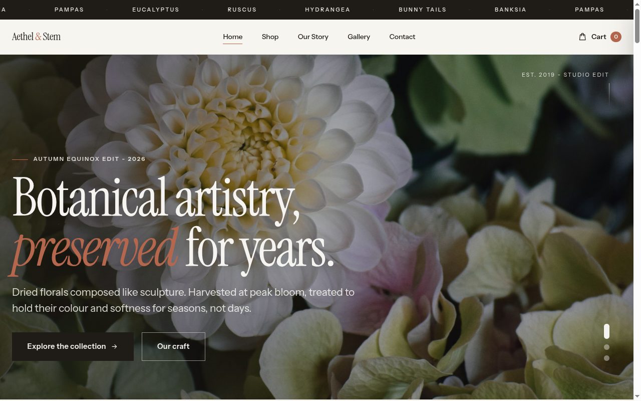 Aethel and Stem botanical studio site — full-screen floral hero with collection calls to action