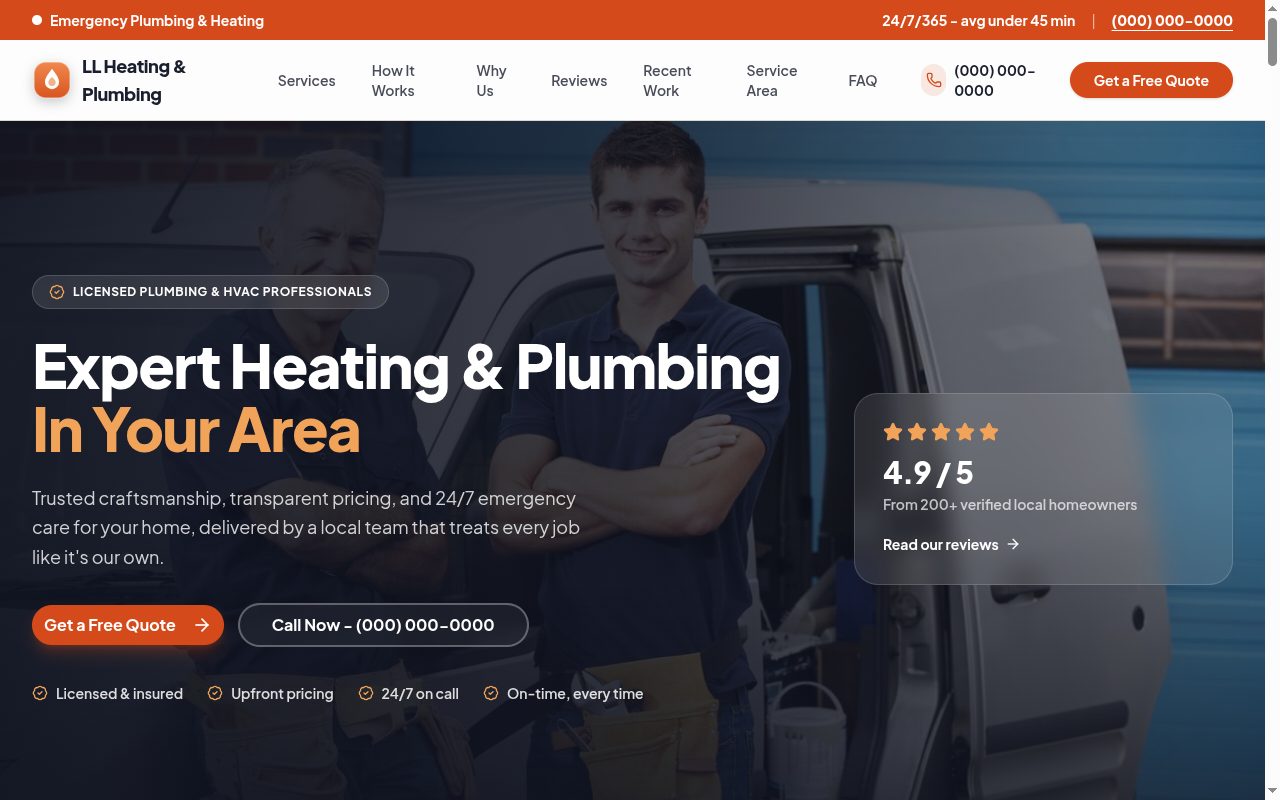LL Heating and Plumbing trades site — emergency hero, quote buttons, ratings and trust badges