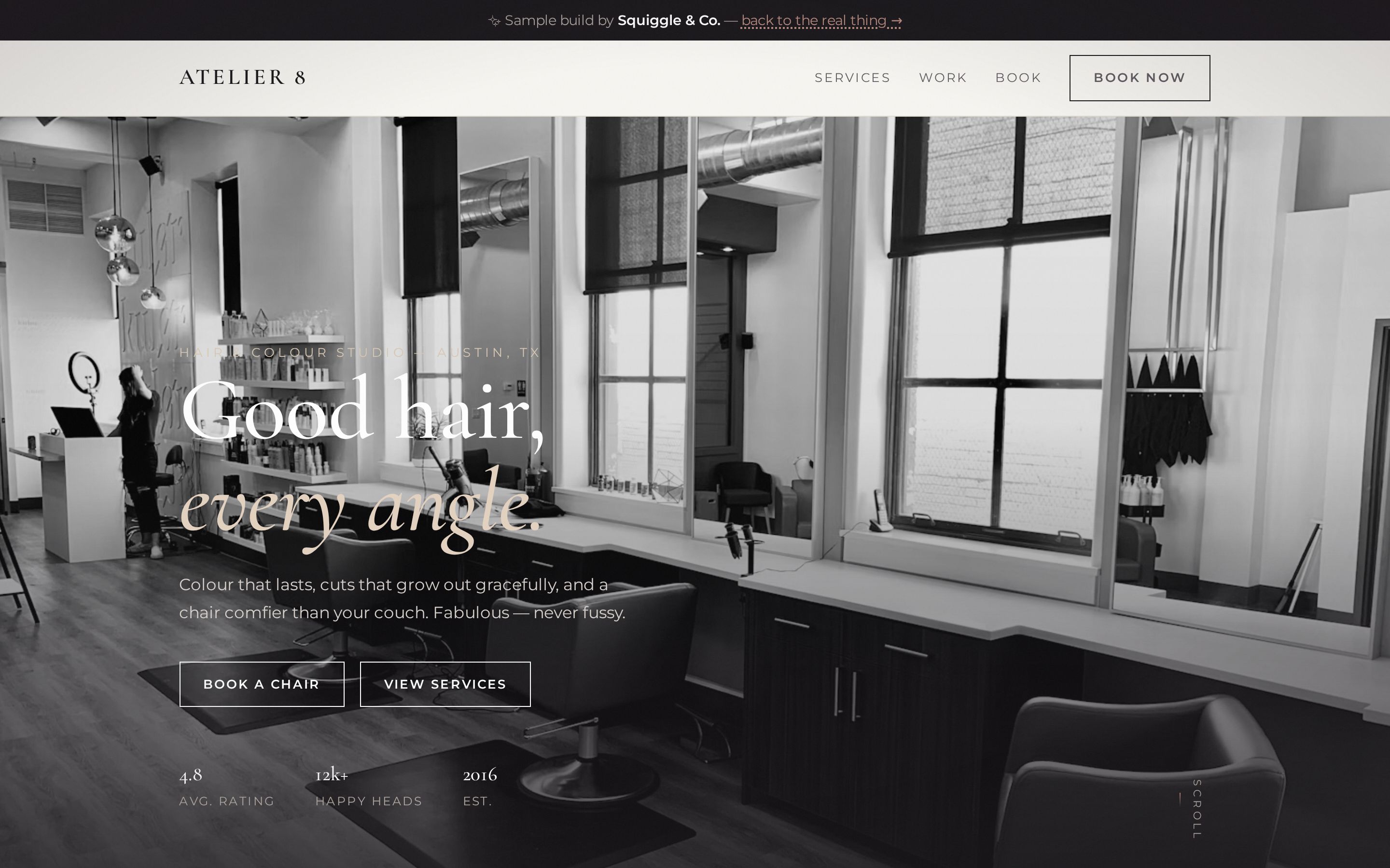 Atelier 8 hair and colour studio site — fashion editorial hero and services