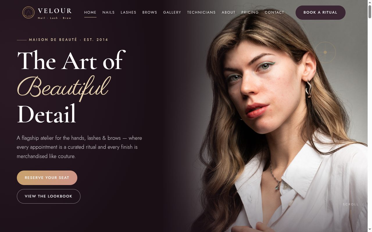 VELOUR beauty atelier site — dark luxury hero, booking calls to action, services menu
